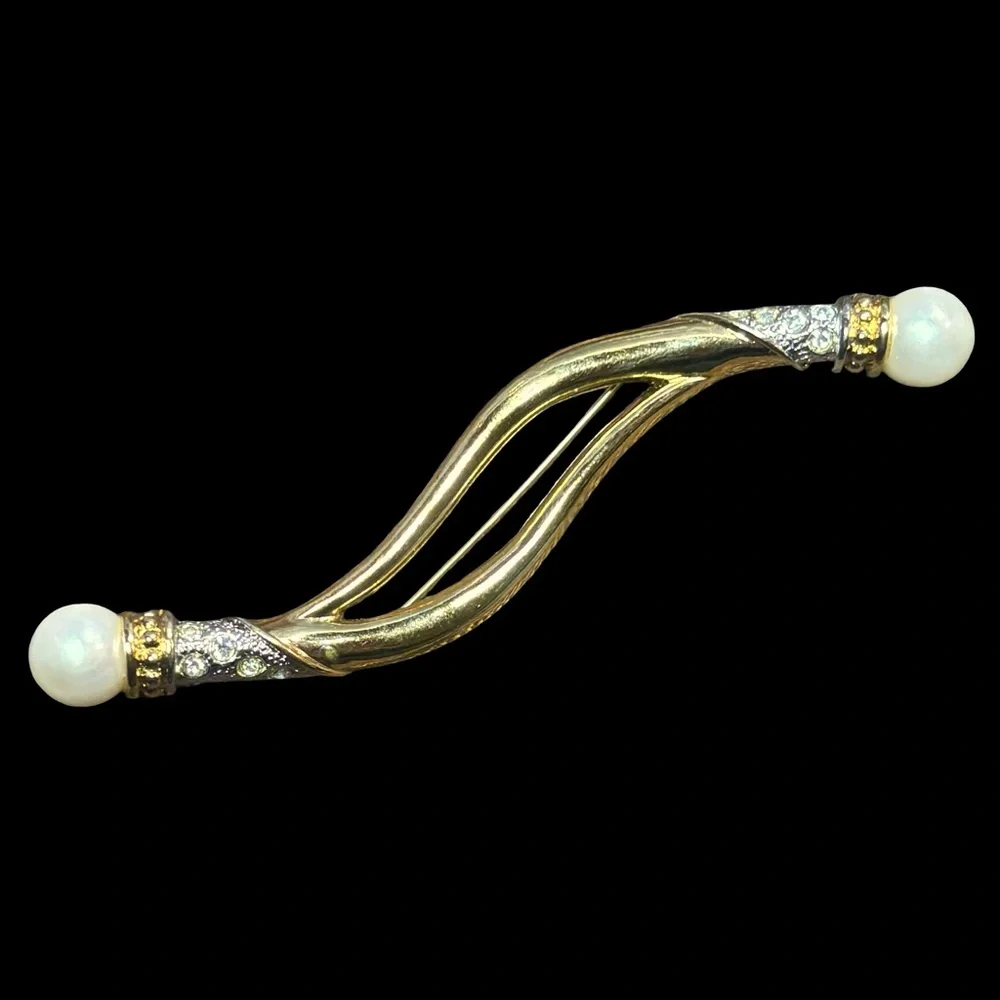 Vintage Avon Signed Faux Pearl & Rhinestone Wavy Gold Tone Bar Pin Brooch